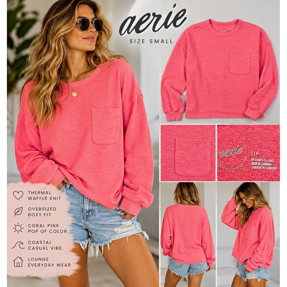Aerie Thermal Waffle Knit Oversized Pink Long Sleeve Pocket Top Women S Boxy
